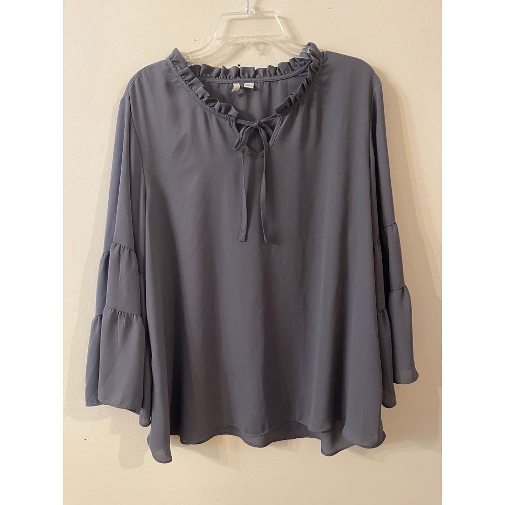 Womens Ruffle Tie Neck Blouse - Slate Blue